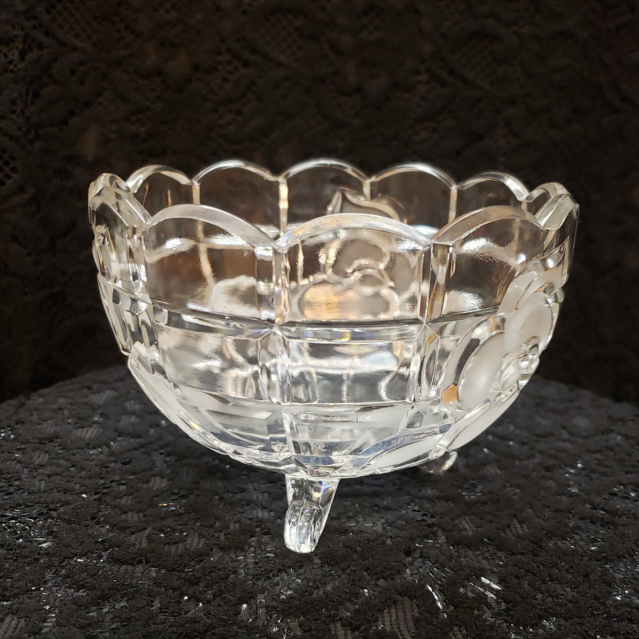 Vintage CRYSTAL Footed Bowl Square Pattern with Frosted Rose Etsy