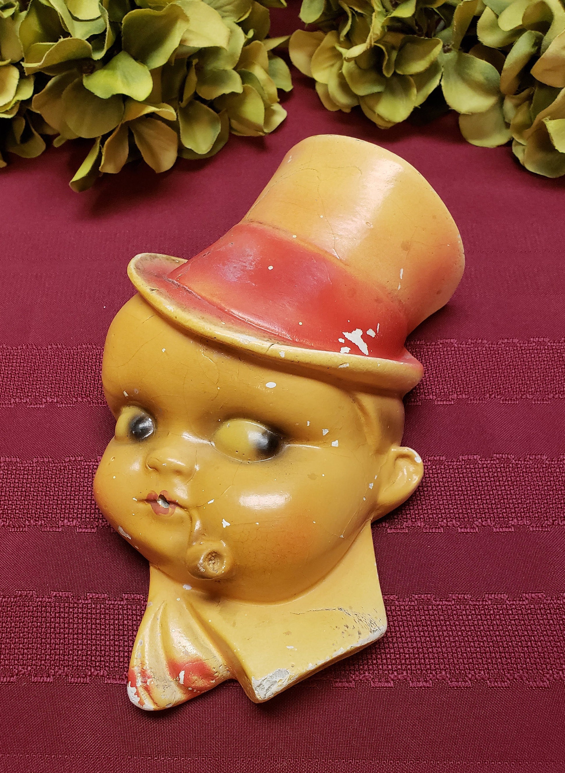 Chalkware String Holder 1940s Jaunty Man Top Hat Pipe Red Etsy