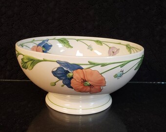 Villeroy & Boch,  Amapola Pattern, 9" Round Footed Serving Bowl (2 quarts) Made in West Germany, Orange and Blue Poppy Floral Pattern, MINT