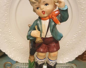 Hummel-Look Boy with Trumpet, Standing Hiker Porcelain Statue, LARGE JAPAN Vintage, Matte Glaze, Home Bedroom Decor, TV Movie Prop, Blue