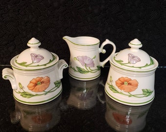 Villeroy & Boch,  Amapola Pattern, 2 Sugar Jars, Creamer, Made in West Germany, Orange and Blue Poppy Floral, SOLD Separately, MINT