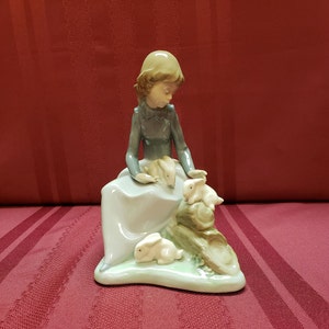 NAO (Lladro) Girl with RABBITS, #1026, Issued 1987, Retired, Glossy Porcelain, Made in Spain, Sweet Girl with Bunnies, Collectible MINT