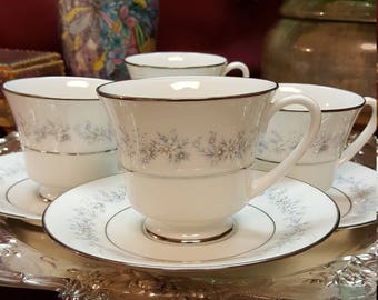 NORITAKE Marywood #2181, VINTAGE 1970s Footed Teacup & Saucer, White Platinum Blue, Floral, Kitchen Dining, Movie Prop, 5 Available