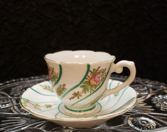 OCCUPIED JAPAN Demitasse Cup & Saucer, TEAL Stripes with Floral Print, Scalloped Edge with Gold Trim, 1945-1952, Decor Dining, Collectible