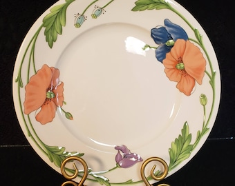 Villeroy & Boch,  Amapola Pattern, 10.5" Dinner Plates, 4 Available, EXCELLENT CONDITION, Germany, Orange and Blue Floral Poppy, 52 USD each