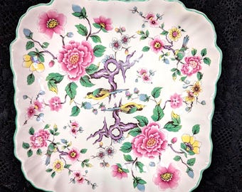 Plato de servir antiguo OLD FOLEY Chinese Rose, cuadrado, poco profundo, con borde festoneado, decoración de pared para el hogar, plato para tocador, rosas y pájaros, plato para vitrina