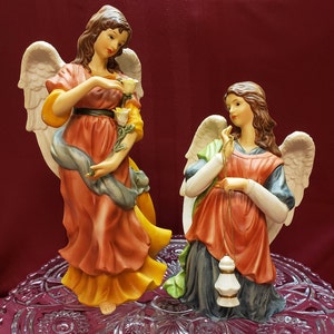 LARGE Porcelain ANGELS, Set of 2, 10&quot; Tall, Collectible Hand Painted Porcelain Angels, White Wings, Victorian Look, Vintage Christmas, Decor