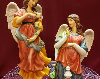 LARGE Porcelain ANGELS, Set of 2, 10" Tall, Collectible Hand Painted Porcelain Angels, White Wings, Victorian Look, Vintage Christmas, Decor