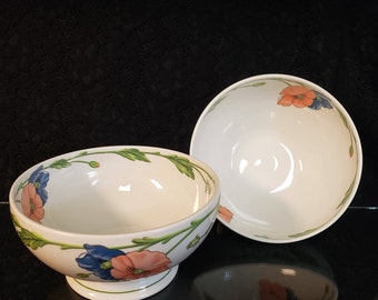 Villeroy & Boch, Amapola Pattern, One Quart, 7" Round Footed Serving Bowl, West German, Orange n Blue Poppy Floral Pattern, 4 Available MINT