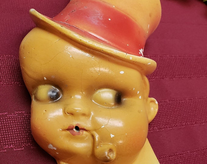 Chalkware String Holder, 1940s Jaunty Man, Top Hat, Pipe, Red Gold