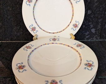 1940s Theodore HAVILAND Dinner Plates, 10 3/4" St. Regis Blue Pattern, Ribbon & Floral Bouquet, Gold Trim, 7 Available, PERFECT, 18 USD each