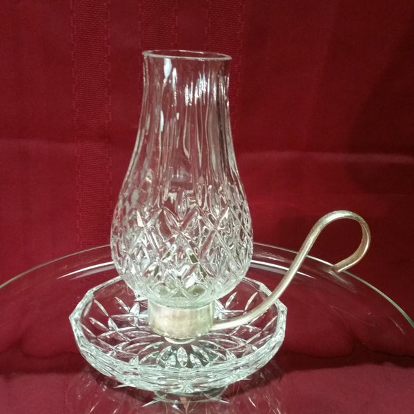 LOVELY VINTAGE Crystal Hurricane Lamp, Heavy Cut Crystal, Silver Plate Handle - 7.5" tall, 5" base - Diamond Pattern - PERFECT Condition!