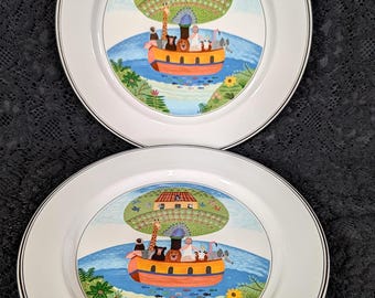 Villeroy & Boch Arca de Noé, diseño NAIF, plato llano de 25 cm, 36 USD c/u, arte popular, animales en barco, Luxemburgo, Alemania, perfecto estado