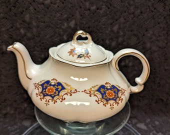 1940s RARE English Teapot, "Somerset" Pattern made by Royal Adler, White Royal Blue, Gold & Orange Design, 3.5 Cups, PERFECT Condition