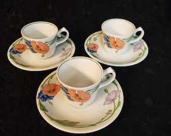 Villeroy & Boch, Amapola Pattern, Teacups and Saucers, 4 Available, West German, Orange and Blue Poppy, 20.00 USD each, GREAT Condition