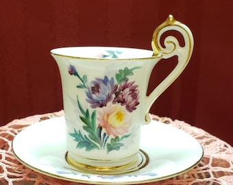 OCCUPIED JAPAN Demitasse Cup & Saucer, Pink Purple Blue Floral, Heavy Gold Trim, Bone China, 1945-1952, Decor Dining Bridal, Collectible MCM