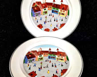 Villeroy & Boch, Old Village Square, diseño NAIF, plato llano de 26 cm, 36 USD c/u, Rustic Folk, Luxemburgo, Alemania, perfecto estado