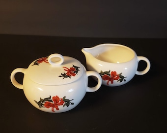 1950s Iva Lure, RED Flamingo Hibiscus Pattern, Cream and Covered Sugar Bowl, Crooksville, U.S.A. Mid Mod, Kitsch Retro, Tropical Floral