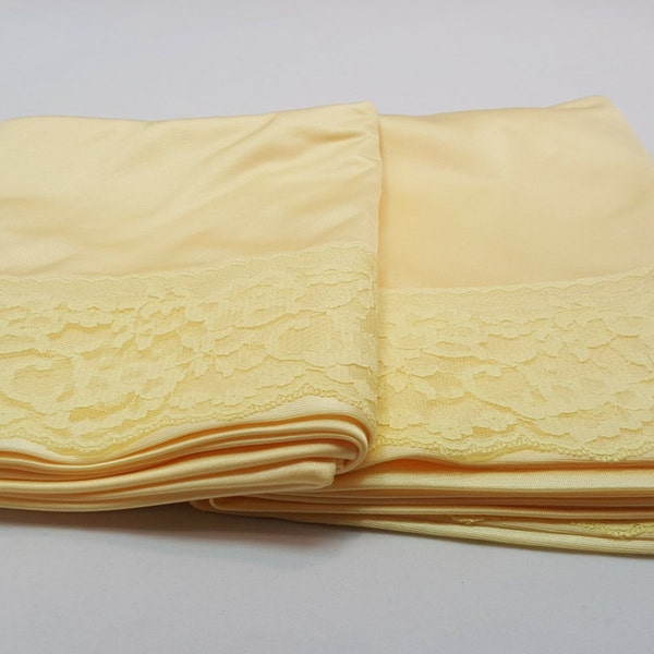 Handmade King Size Pillowcases (set of 2), Buttery Yellow Color with Lace trim, Smooth Polyester Silk, Great for your Hair, T.V. Movie Prop