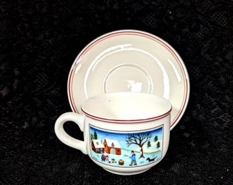 Tazas y platillos navideños de Villeroy & Boch, diseño NAIF, estampado Country Snow, 7 juegos disponibles, fabricados en Luxemburgo, Alemania