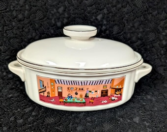 Patrón Villeroy &Boch NAIF, Tazón de cazuela ovalada cubierta, 1,5 cuartos, NOS, Arte popular, Junto a la chimenea, Cabina, Luxemburgo Alemania, Condición MINT
