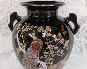 Gold Overlay Vintage Peacock Floral Vase 11” Japan Mid Century