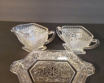 TIARA Indiana Sandwich Glass, Creamer & Sugar Bowl, 3-Dimensional Raised Daisy Scroll Dot Pattern, Vintage Kitchen Retro Dining, MINT!