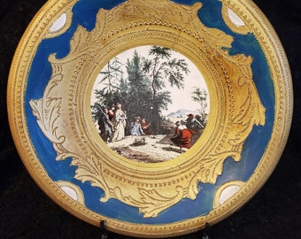 FABULOUS ITALIAN Shallow Bowl, Matte Finish, Wall Decor, Cabinet Plate, Italian Alps Scene, Blue & GOLD, Made in Italy, Vintage, Photo Prop