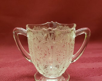 1940s FOSTORIA Sugar Bowl, Clear Raised Pattern, Footed Open Sugar, Floral & Leaf Pattern, Replacement, Ruffled Edge, Dining Decor MINT