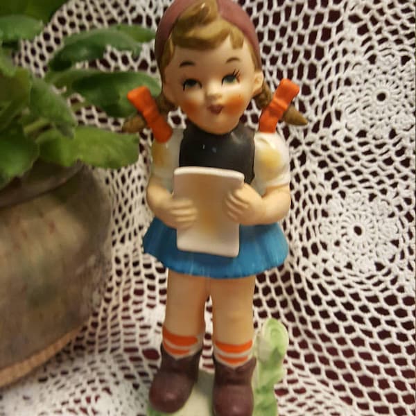 JAPAN Hummel-Look Standing Girl w/Book and Orange Bows, LARGE 9" Tall Vintage Matte Glaze Porcelain Figurine, Home Bedroom Decor, Photo Prop