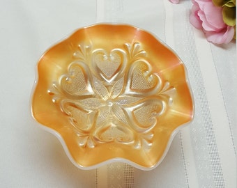 Starfish Pattern, Vintage Peach DUGAN Carnival Opalescent Ruffled Edge Footed BonBon, Compote, Centerpiece Bride Party Home Bedroom Decor