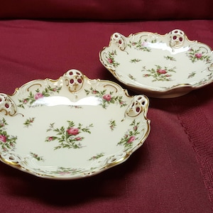 1910 ROSENTHAL Kronach-Germany Moliere, Moss Rose Porcelain China, Pierced Reticulated Bon Bon Dish, Ivory Pink Rose, MINT, 2 Available