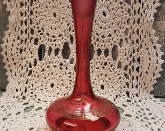 1800s Cranberry Glass Vase, Gold Greek Key Trim, Handpainted ANTIQUE, Petite Victorian Decor, Home Bedroom Bath Decor, TV Movie Prop