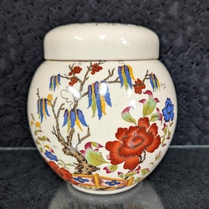 VINTAGE 1960s James SADLER Ginger Jar, Made in England, Cream Orange Blue Yellow Floral, Home Decor, Collectible, Mint Condition