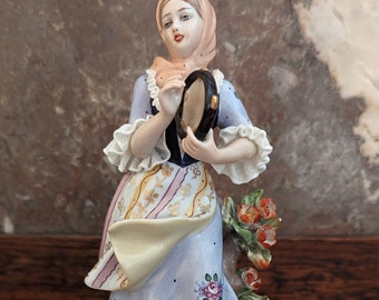 Italian Capodimonte Porcelain Girl with Tamborrine and Flowers Figurine FANTASTIC Hand-Painted Porcelain, Home Decor, Mint Condition