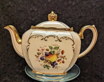 Antique 1930s RARE Sadler Square Cube Teapot, NOS Original Foil Label, Heavy Gold, Fruit Motif Transferware, Made in England, 4 Cups, MINT!