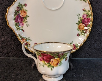 RARE Royal Albert Bone China "Country Roses" 8.25" Dessert Plate & Teacup, Made in England, 1962, Elegant PERFECT, 4 Avail. 56 USD each