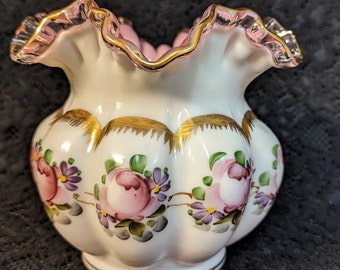 FENTON, Charleton Rose Medallion, Melon Shape, Peach Crest, White & Pink Floral, Clear Cased Glass, Ruffled Edge, Victorian look, MINT!