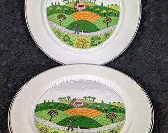 Villeroy & Boch, Hunter and Dog, Diseño NAIF, Plato llano de 25 cm, 36 USD c/u, Rustic Folk, Luxemburgo, Alemania, Estado PERFECTO