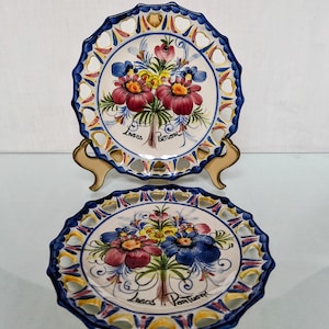 PORTUGUESE Hand-Painted Plates, Colorful Floral LAGOS Portugal, Heart Shaped Piercing on Rim,  7.5&quot; Plate, Dining or Display, 2 Available