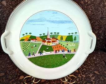 Villeroy & Boch, modelo NAIF, NOS Folk Art, modelo Wedding Pattern, plato para pastel con asa, bandeja para galletas, pueblo rural, Luxemburgo, IMPECABLE, 2 disponibles