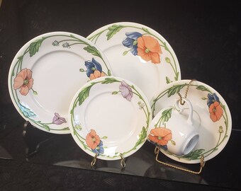 Villeroy & Boch Amapola Pattern, 5-Piece Place Setting, Dinner Salad Butter Plates, Teacup Saucer, EIGHT Sets, Disc. Avail., GREAT Condition