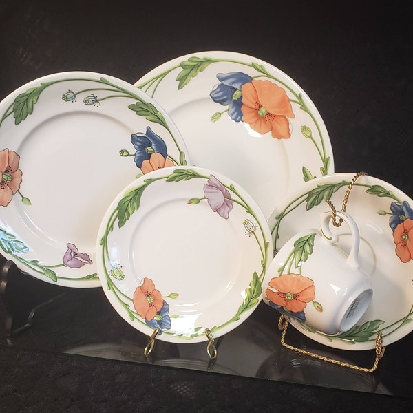 Villeroy & Boch Amapola Pattern, 5-Piece Place Setting, Dinner Salad Butter Plates, Teacup Saucer, EIGHT Sets, Disc. Avail., GREAT Condition