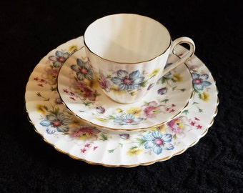 Royal Tuscan "Bouquet" pattern, 3-Piece Teacup Set, Hand Painted Fine Bone China, from England, Wedgwood Group, Blue Pink Yellow Flowers