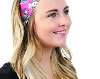 Skulls and Hearts Over Pink, Headband Fashion Headband Headwrap Headwear Cloth Headband by Simply Martha