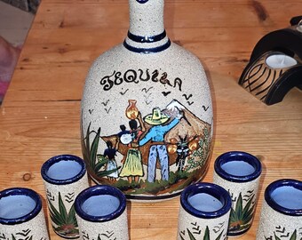 Handpainted Vintage stoneware tequila decanter and shot glasses