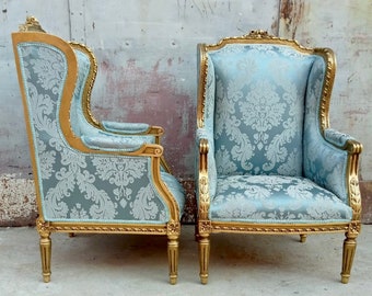 French Chair Light Blue Vintage Chair New Upholstery Damask Fabric Furniture Baroque Rococo Interior Design Vintage Furniture