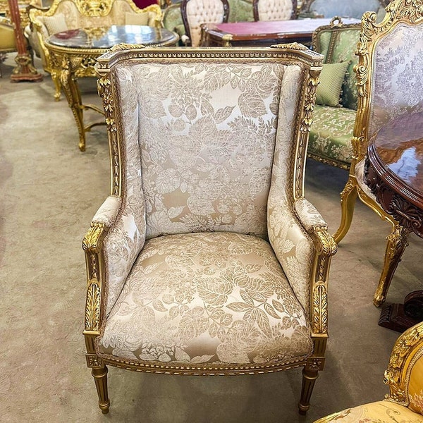 French Chair Antique White Vintage Chair New Upholstery Damask Fabric Furniture Baroque Rococo Interior Design Vintage Furniture