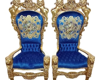 Big Blue Velvet Throne Chair Vintage Furniture Big Chair Vintage 24k Gold Chair Gold Chair Furniture Antique Baroque Furniture Rococo
