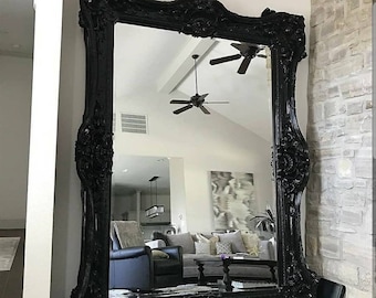 French Mirror *1 LEFT* Black Lacquer Frame Interior Design Baroque Mirror French Furniture 5.5"FT x 7.5"FT Rococo Louis Black Mirror